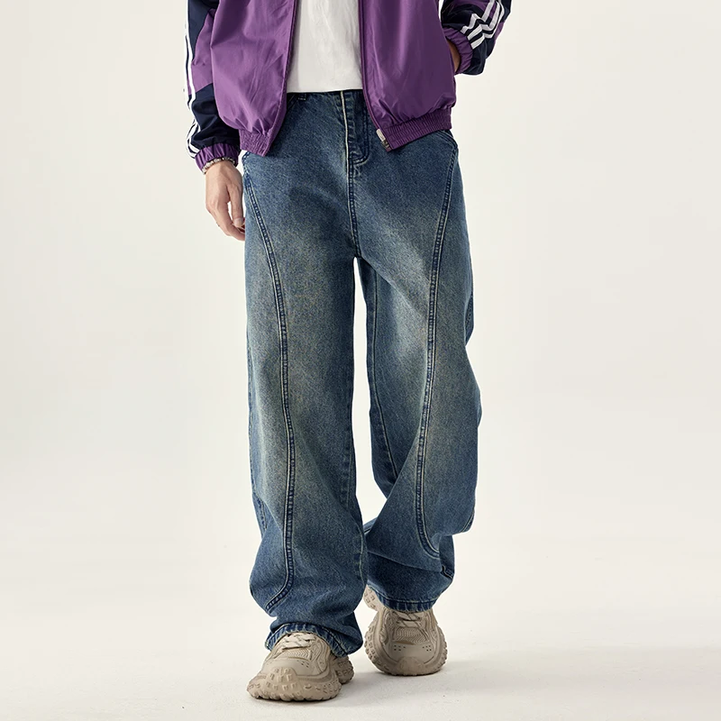 

Retro Men's Loose Straight-leg Casual Jeans Versatile Washed Trendy Jeans Patchwork New Style for Spring and Autumn