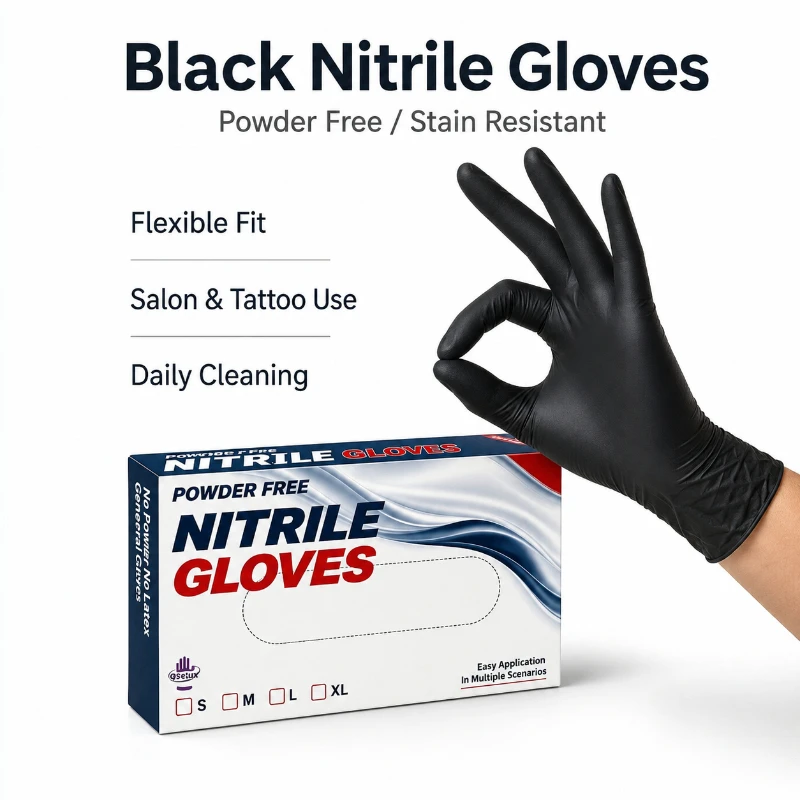 60PCS Black Disposable Nitrile Gloves Stain Resistant Flexible Gloves for Tattoo Artists Hair Dye Salon Beauty Cleaning Tasks