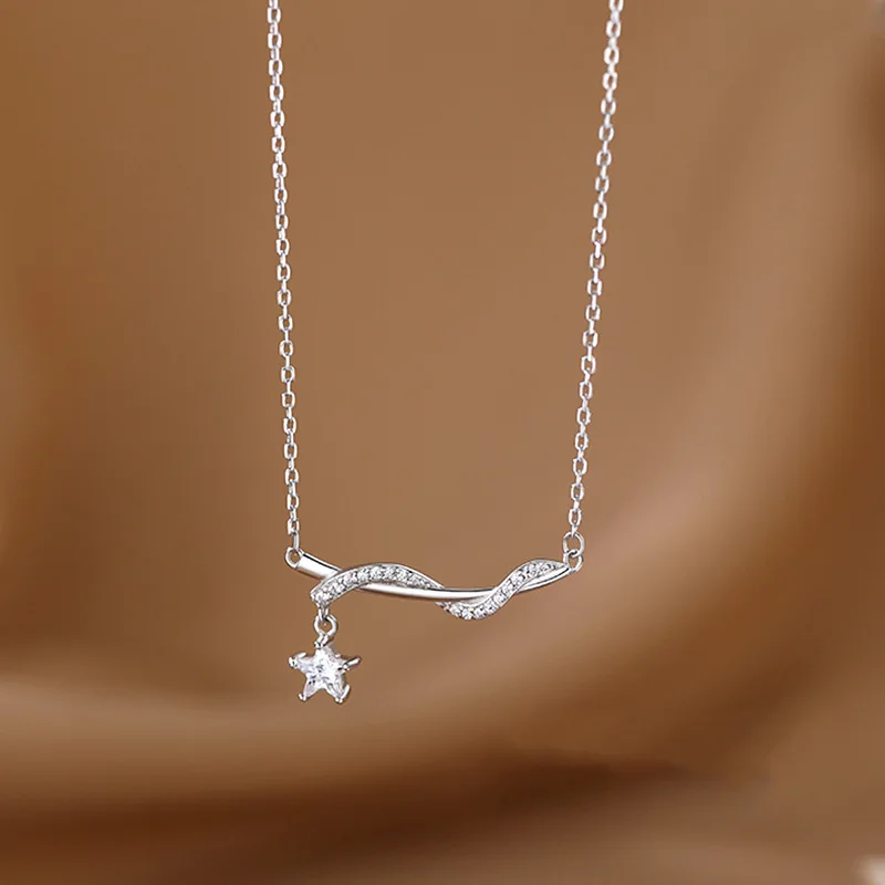 Creative Shiny Sterling Silver Entwined Five-pointed Star Zircon Pendant Necklace for Woman Korean Designer Choker Jewelry Gifts
