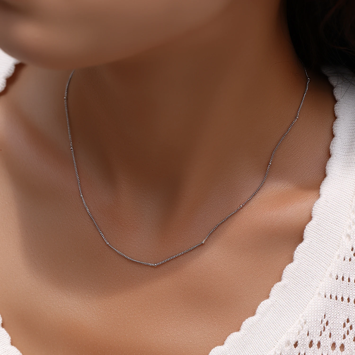 MODIAN 925 Sterling Silver Thin Curb Chain Necklace For Women Bead Interval Satellite Chain Stackable Basic Fine Silver Jewelry
