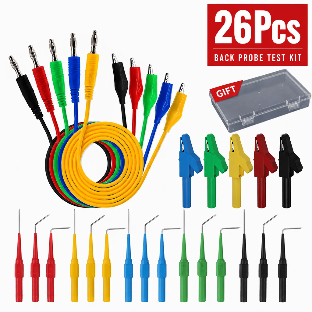 26Pcs Back Probe Test Kit Automotive Wiring Harness Pin Probes with Multimeter Alligator Clip Test Leads and Storage Case