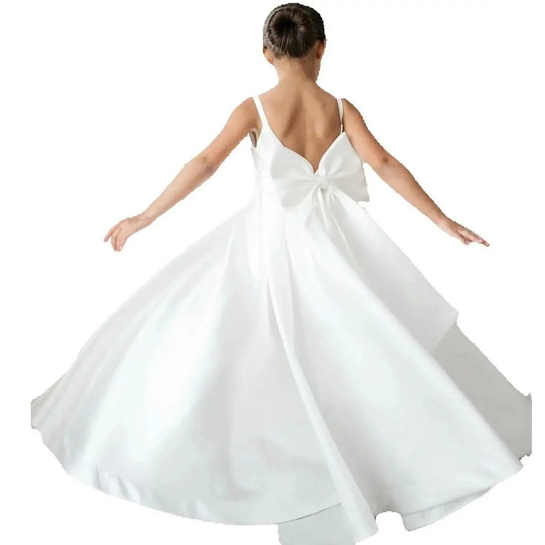 Customized White Flower Girl Dress Satin With Bow Sleeveless For Wedding Birthday Party Event Pageant Holy Communion Gown