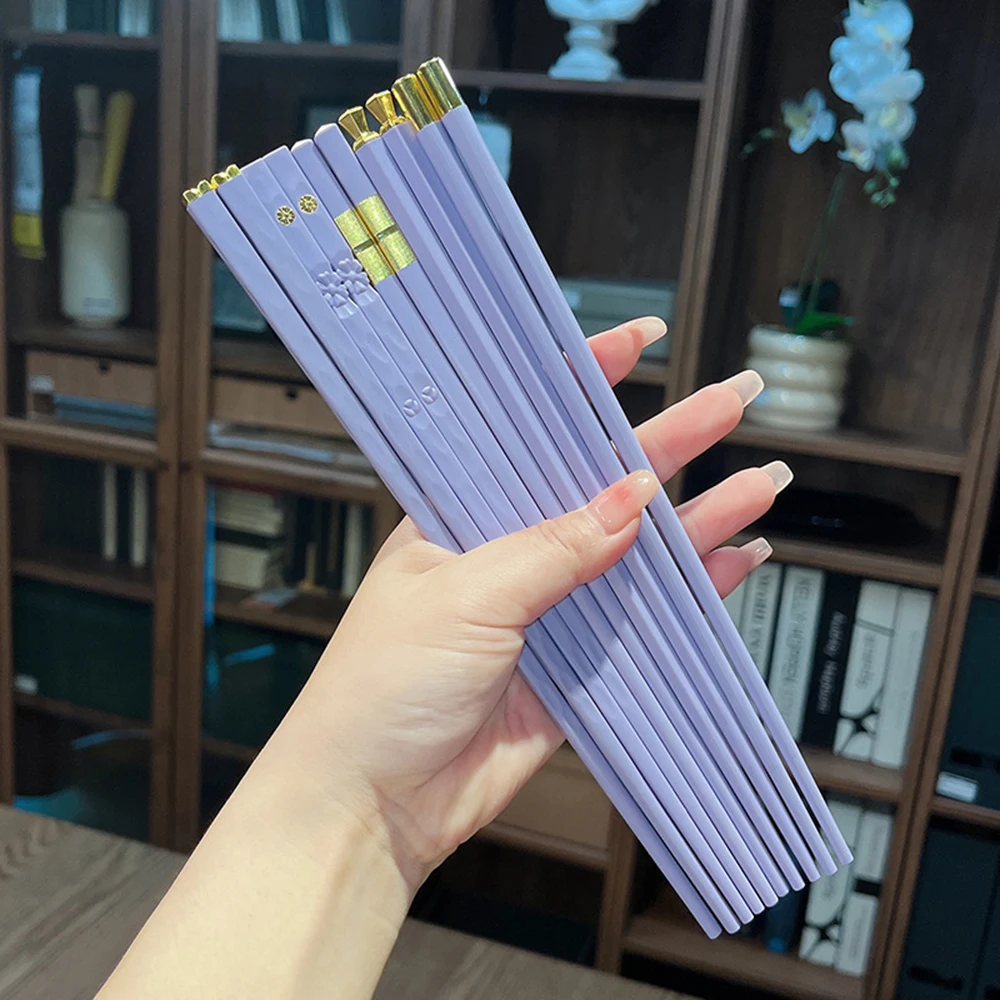 Juego de 5 Pares de Palillos Japoneses de Color Morado y Dorado, Antideslizantes, Aptos para Lavavajillas, para el Hogar, Restaurante, Sushi