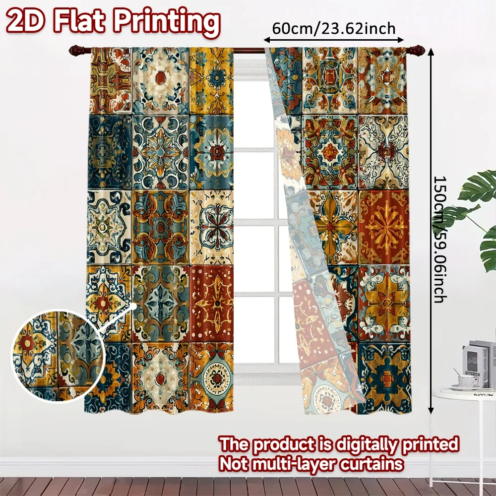 2pcs, 2D FLAT PRINTING Curtains (Without Rod) Mosaic Harmony Minimalist holiday curtains Versatile Durable Polyester Curtains