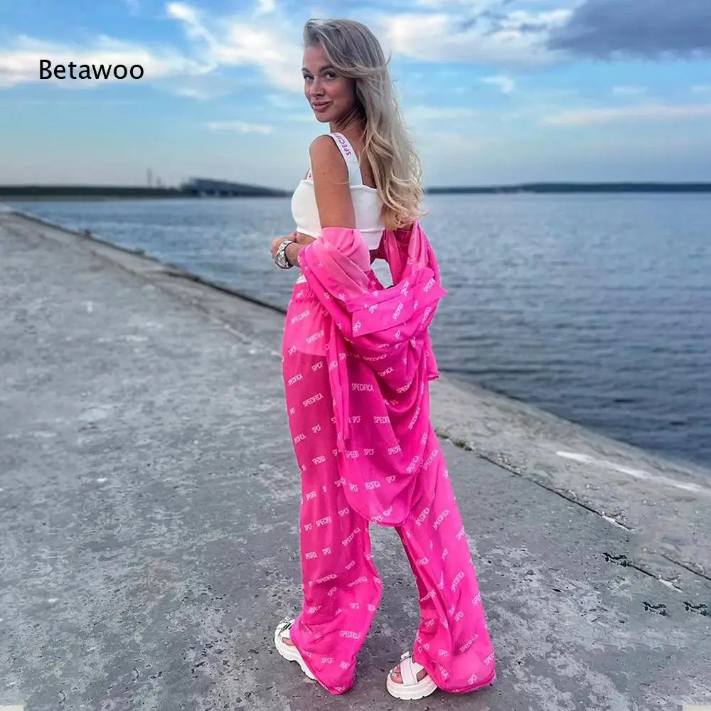 Letter Print Sheer Shirt & Pants Set, Women 2 Piece Beach Cover Up