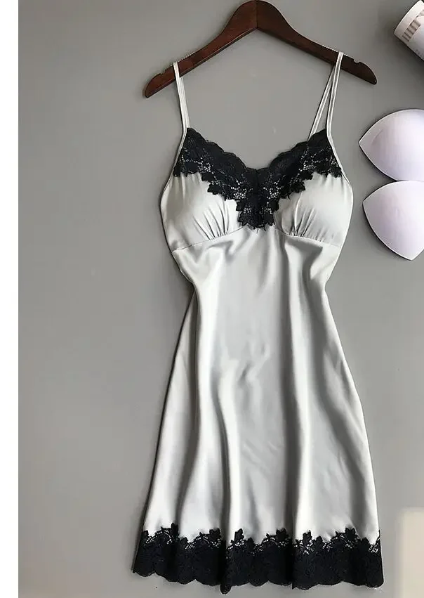 Women's Sexy Lingerie Summer Silk Night Gown Lace Patchwork Mini Night Dress Spaghetti Strap Sleepwear Ladies With Chest Pad