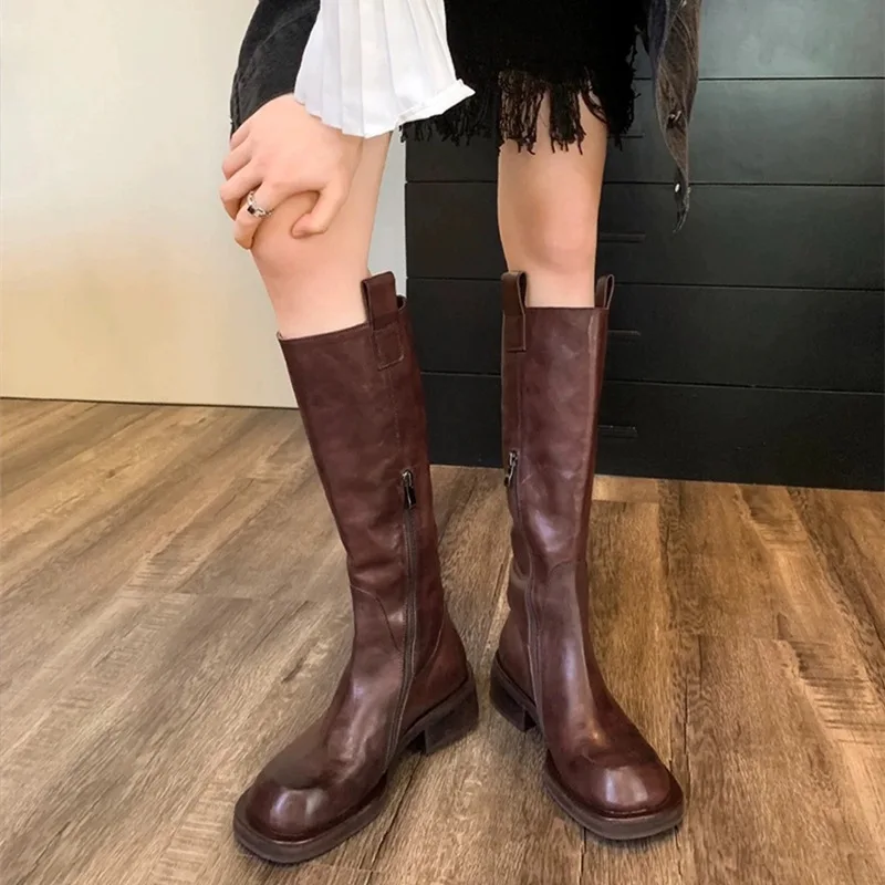 Thick Heeled Boots Made of Genuine Leather That High Cut Chelsea Boots, Slim Looking Knight Boots, Women's Thick Soled Boots