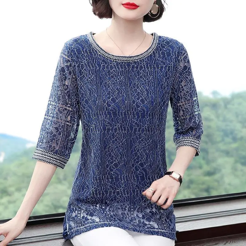 Elegant New O Neck Lace Slim Shirts Women Popular Tops All-match Fashion Korean Casual Simple Female Retro Half Sleeve Clothing