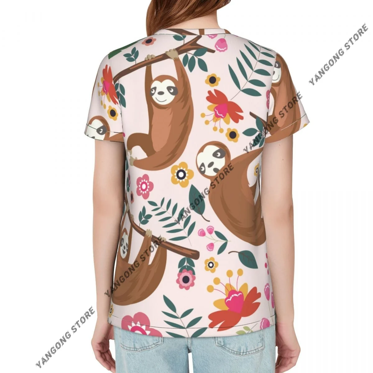 T Shirt Women Cute Sloth With Flowers Tee Shirt Casual Round Neck Short Sleeve Streetwear Female T-Shirt