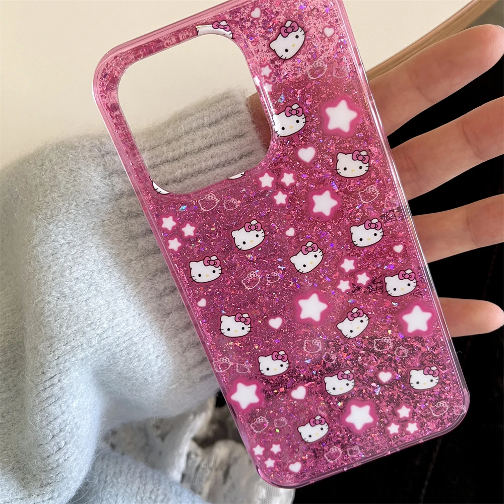 Korean Bling Glitter Stars Hello Kitty Phone Case For iPhone 16 15 14 Pro Max 13 12 Candy Color Cartoon Bumper Back Cases Cover