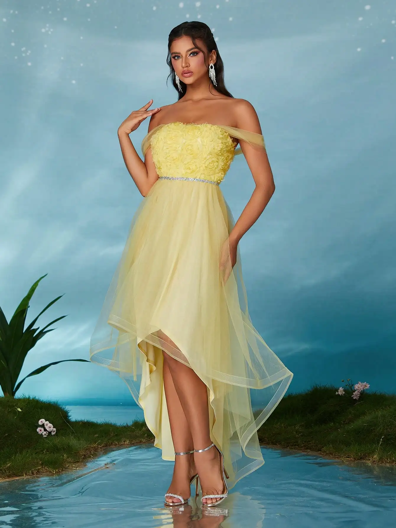 MGIACY Vestido grande de gaze de camada dupla bordado tridimensional com decote em I