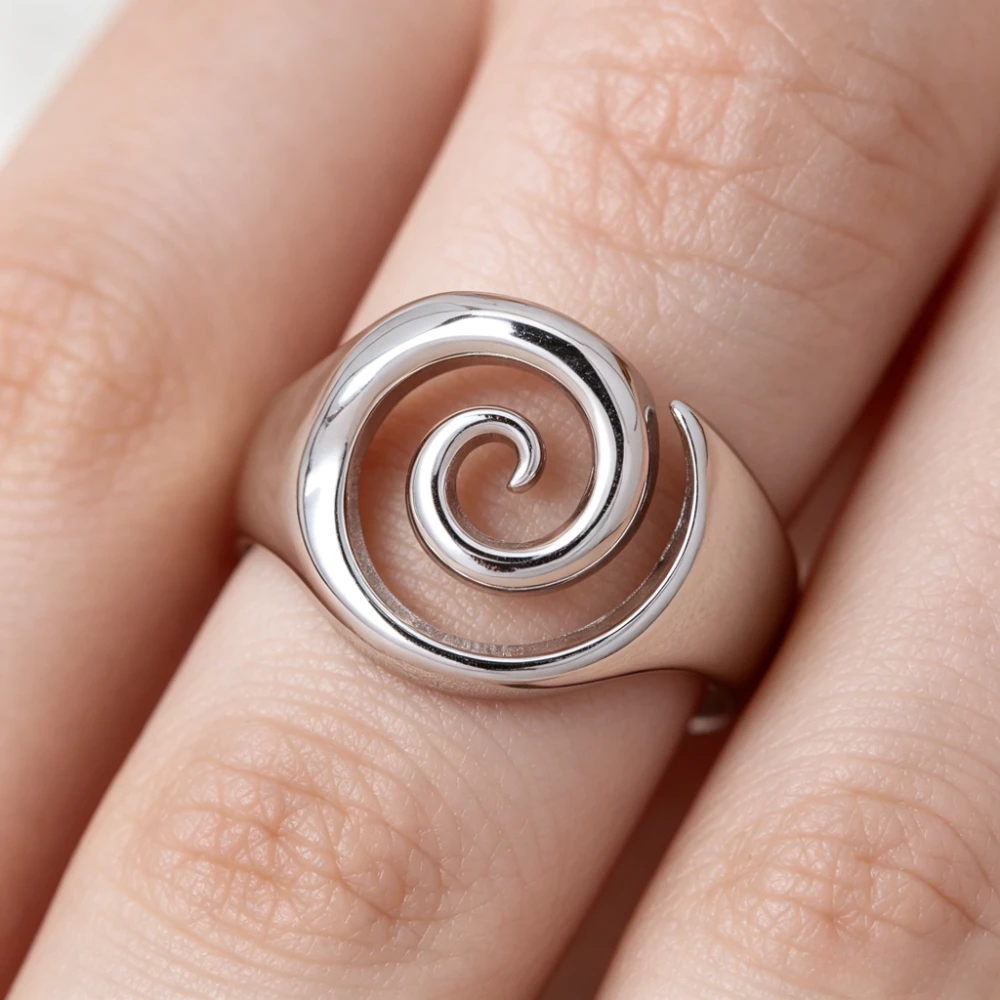 Spiral Open Adjustable Silver Ring for Women, Abstract Swirl Sculptural Statement Ring, Minimalist Polished Stackable Ring