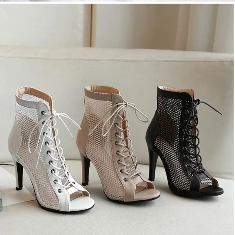 Stiletchassis-Chaussures de danse à talons hauts pour femmes, bottes en maille, grande taille, bouche de poisson, chaussures de salle de Rhpour