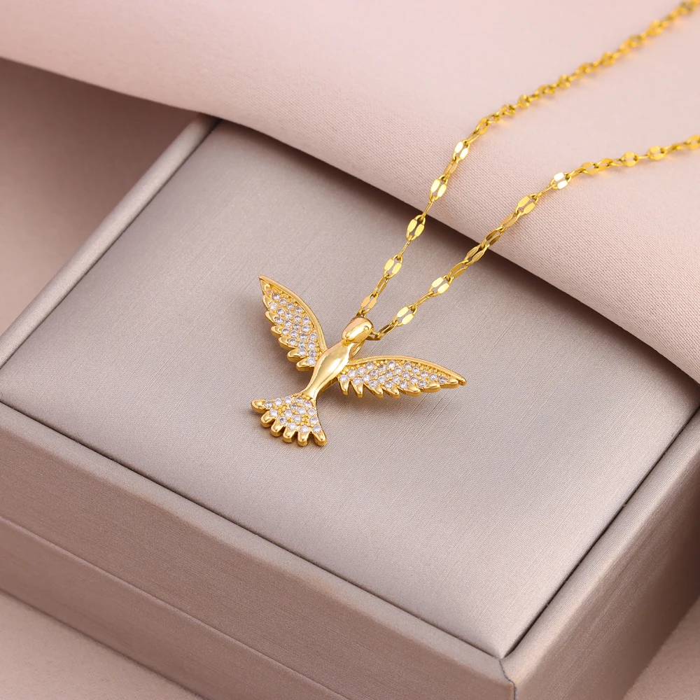 New In 18K Gold Plated Zircon Crystal Peace Dove Necklace For Women Trendy Female Stainless Steel Neck Chain Jewelry Wholesale