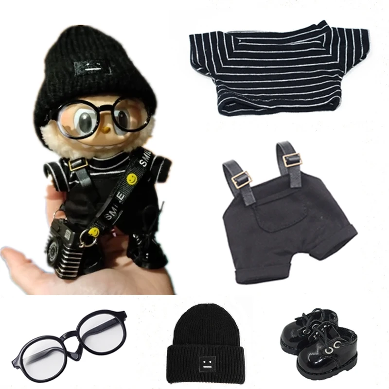 17cm Mini Doll'S Clothes Outfit Accessories For Labubu V1 V2 Striped overalls hats glasses shoes Cool handsome Clothing Gift