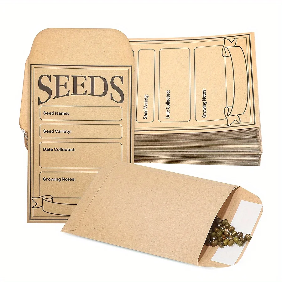 Pacotes de sementes de papel kraft marrom, 50 pacotes de sacos de moedas de sementes de armazenamento, envelopes de sementes resseláveis para coleção de vegetais de flores e plantas