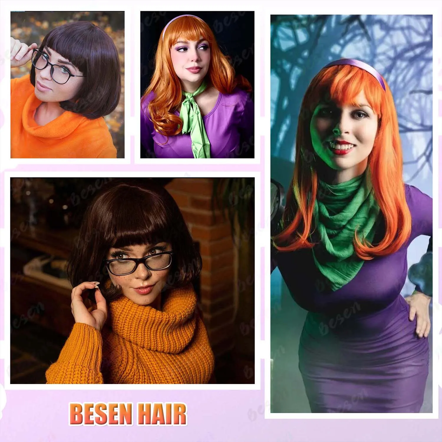 باروكة صناعية طويلة مموجة برتقالية + عصابة رأس أرجوانية، باروكة دافني، شعر مستعار بني مع غرة + نظارات + باروكات فيلما عدسة مكبرة لجميع القديسين #6