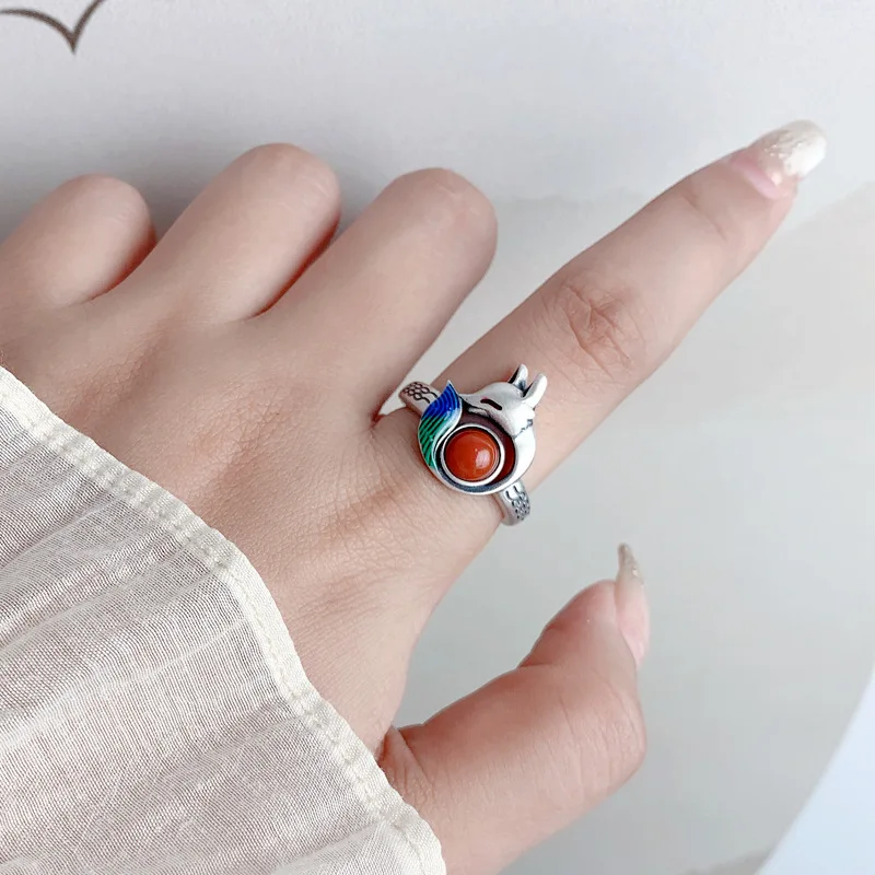 Ethnic 925 Sterling Silver Southern Red Agate Fox Shape Ring Female Retro Simple Opening Adjustable Animal Rings Jewelry JZ113