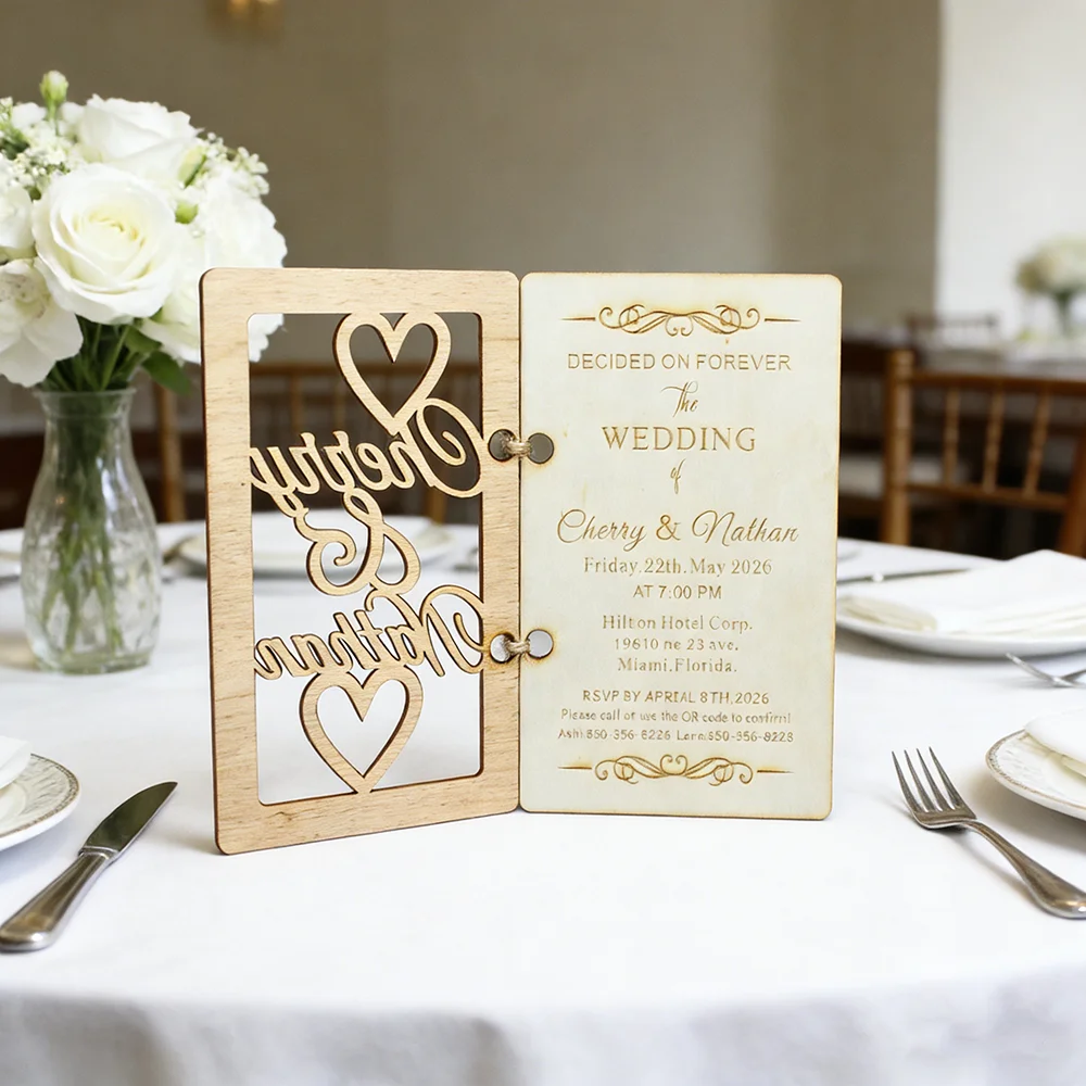 

2/5/10/35 Sets Custom Named Wooden Wedding Invitation with Cover,Rustic Bohemian Invite Set, Kraft Envelope & Seal Sticker