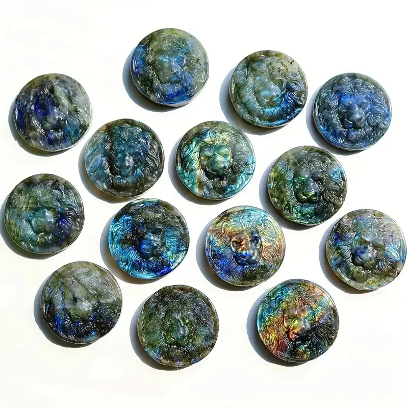 1pc Natural Lion Head Crystal Carved Labradorite Healing Crystal Stone, For Handicraft Gift, Office Decoration