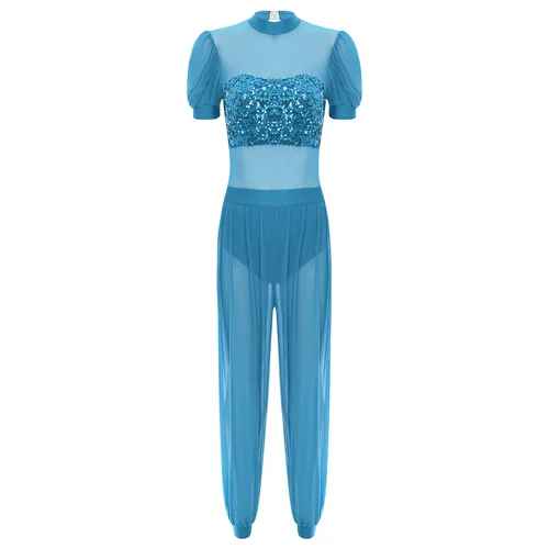 Imagen 2 del producto Traje de danza del vientre para mujer, conjunto de mono de malla con lentejuelas y abertura lateral de princesa árabe para Festival de Halloween, Ropa de baile