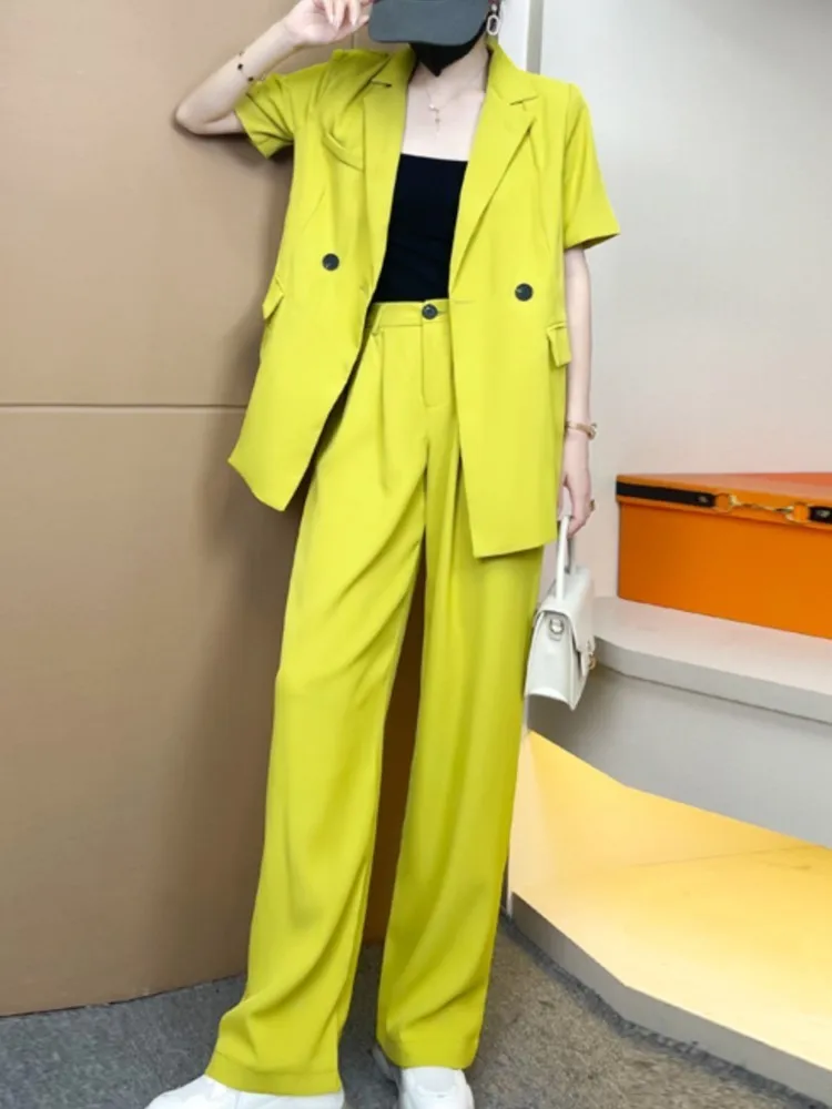 Women Short Sleeve Wide Leg Pants Blazer Suit Spring Summer Fashion Office Ladies Business Casual Female Clothes Two Piece Set