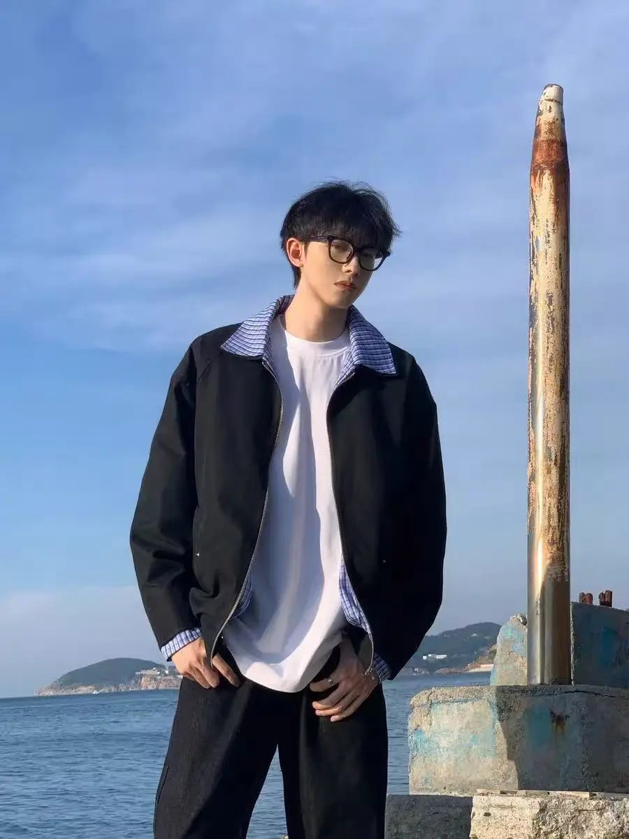 

American Retro Plaid Splicing Cleanfit Collar Jaet Men's Loose Casual Couple Outerwear Polyester Fiber Long Sve Zipper