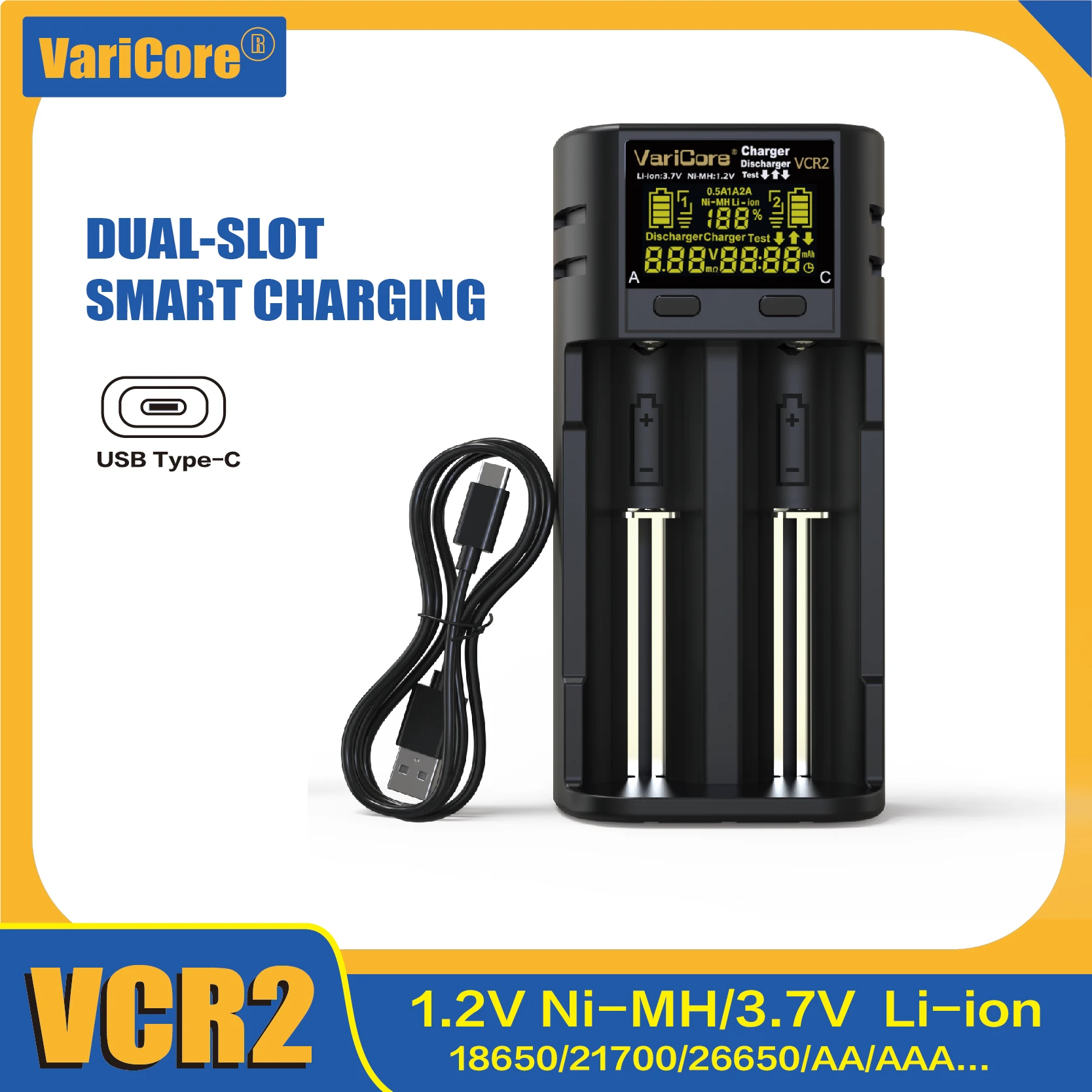 

VariCore VCR2 LCD 2-slot smart charger for 3.7V Li-ion 1.2V NiMH battery 18650 21700 26650 AA AAA