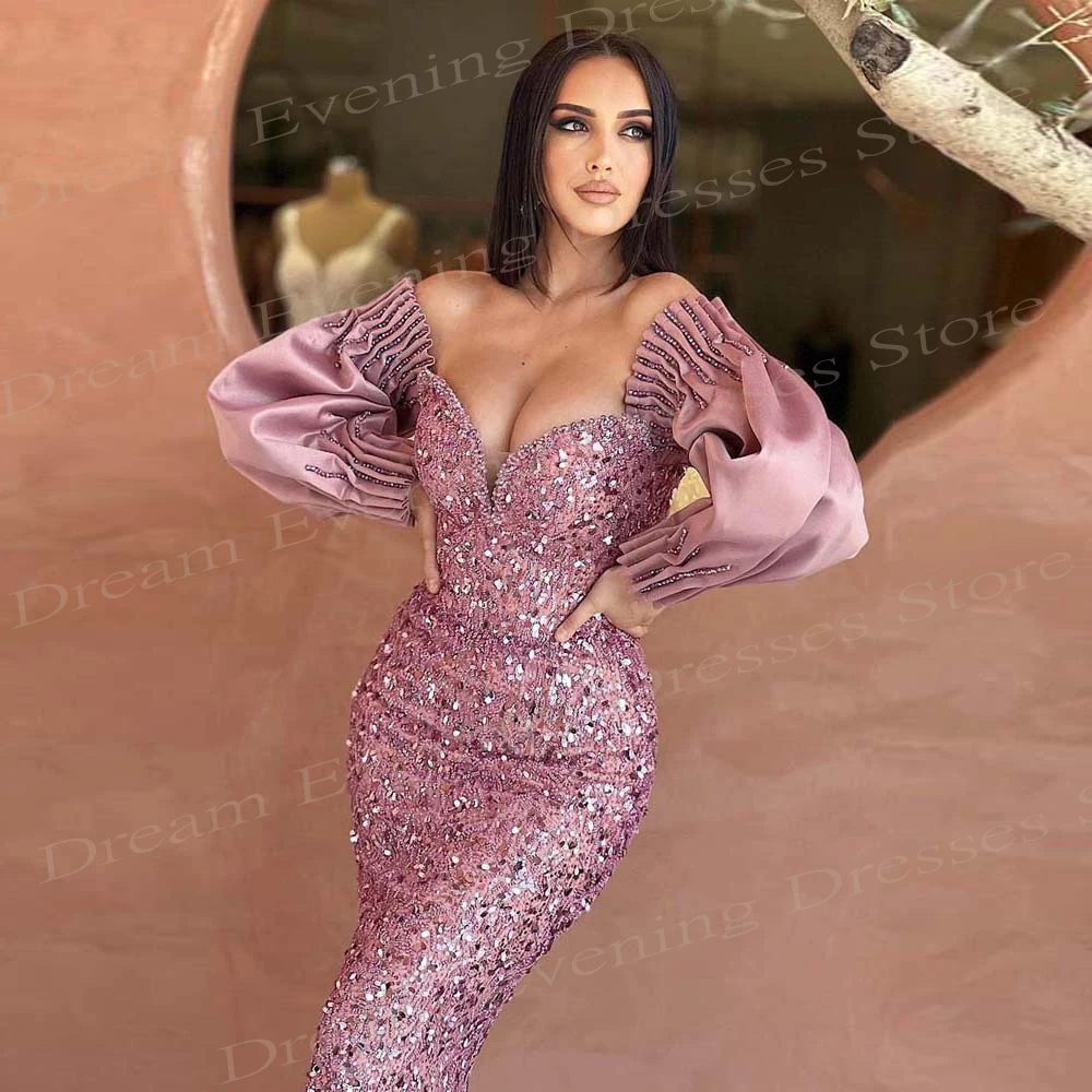 2024 Luxurious Shiny Pink Women's Mermaid Beautiful Evening Dresses Long Sleeve Sparkling Prom Gowns Sequined Vestido De Festa