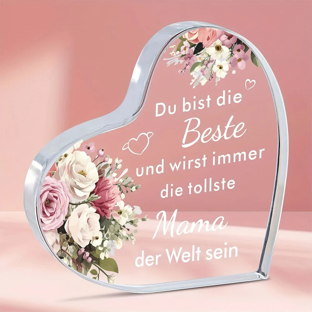 Acrylic Heart Plaque with Floral Design German Text Mother's Day Gift Mom