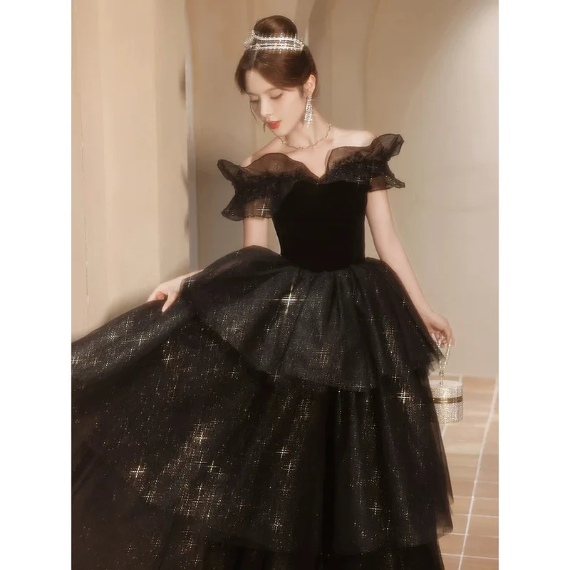 

Black one-shoulder evening dress female high-end light luxury minority coming-of-age ceremony pompous dress dinner senior sense