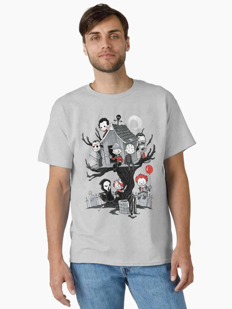 Men's Halloween Horror Villains Haunted House Tshirt Spooky Graveyard Movie Killers Print Unisex Short Sleeve Top Sports Tee