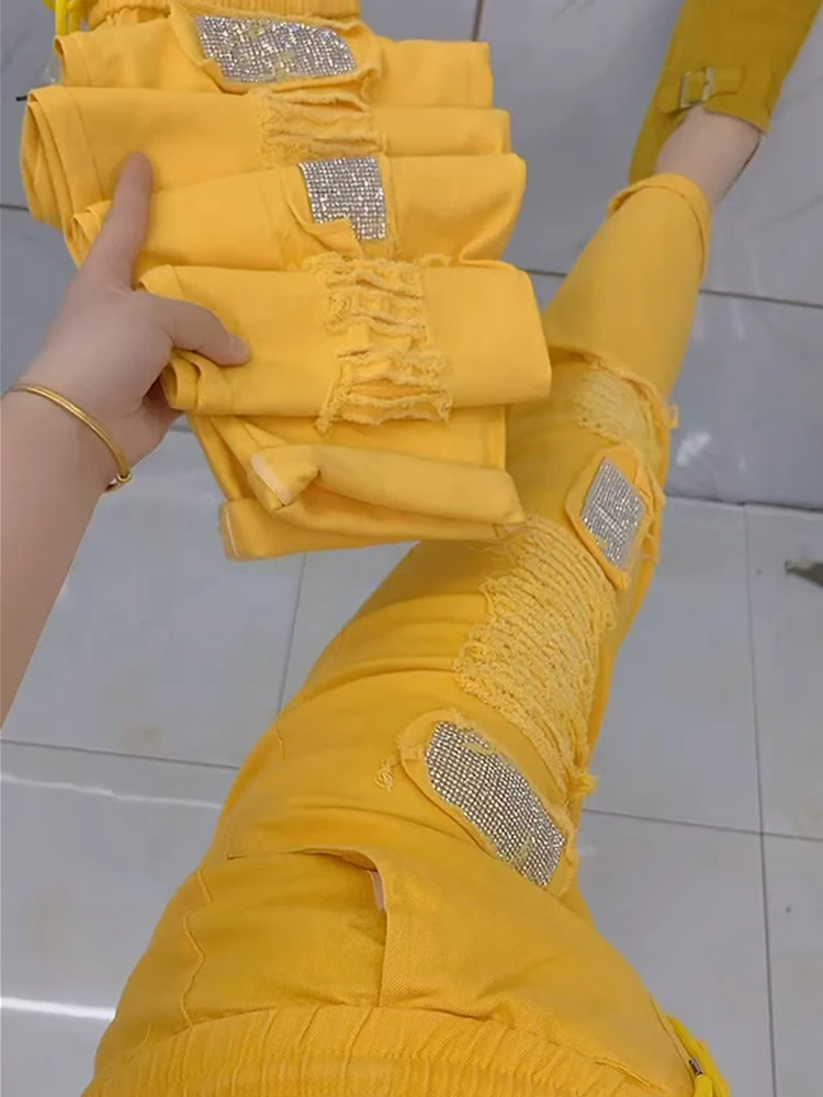 

Heavy duty jeans diamond drawing ripped holes wide leg pants elastic waist casual pants candy color for summer 2025