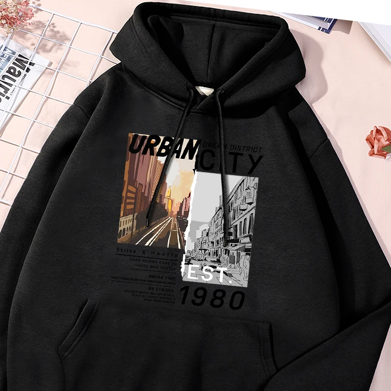 Dream District Urbancity Print Sweatshirts Mens Comfy Pocket Sportwear Fashion Drawstring Sweatshirt Classic Leisure Clothing