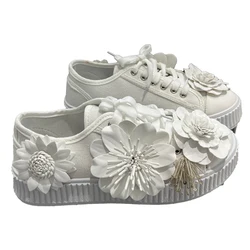 White Sneakers 5cm High Platform Spring New Flower Wheel Canvas Shoes Wedding Bride Shoe Comfortable Shoe