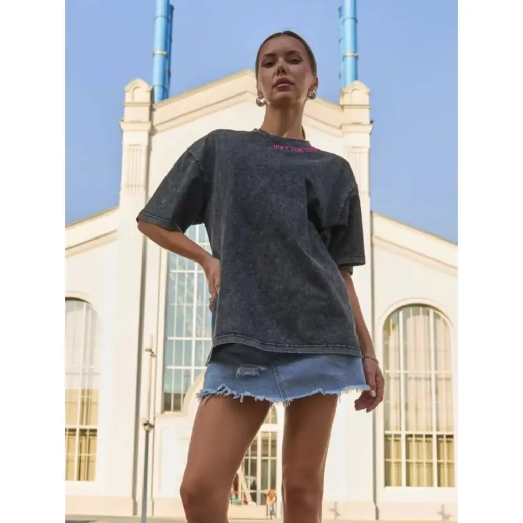 

Retro American Style Washed Black Cotton T-shirt Summer New Loose Fit Trendy Top with Printed Design Short-Sleeved All-Match
