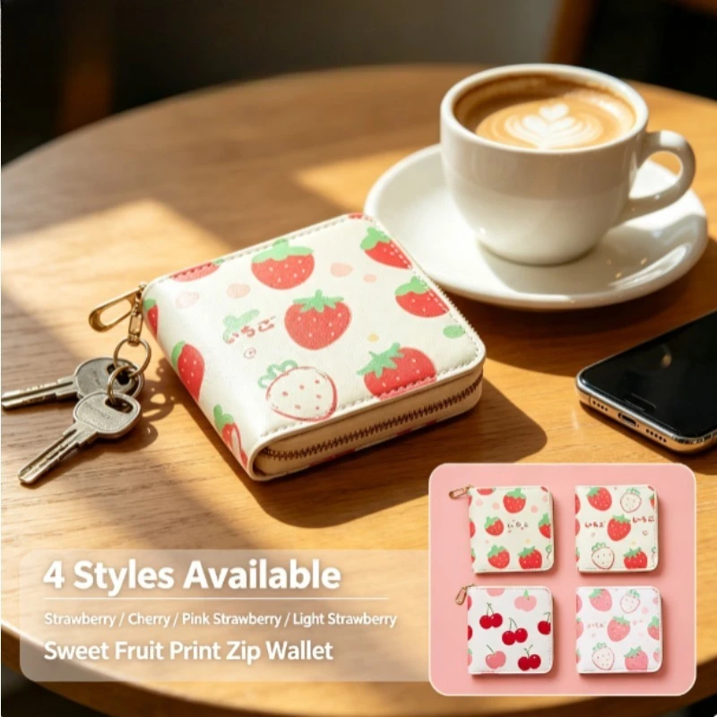 Cute Cartoon Fruit Print Short Chain Wallet for Girls Students, Fresh Strawberry Pattern Large Capacity Coin Purse Women Card