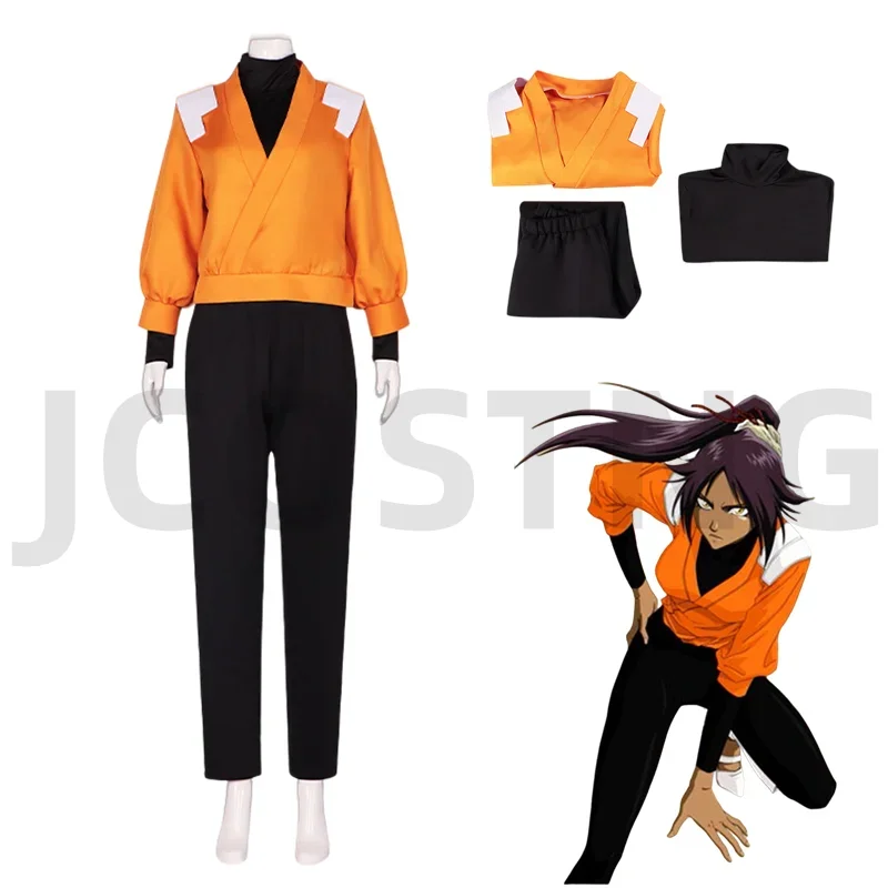 New Anime BLEACH Shihouin Yoruichi Full Set Orange Coat Pants Full Set Women Girl Halloween Party Cosplay Csotume Performance