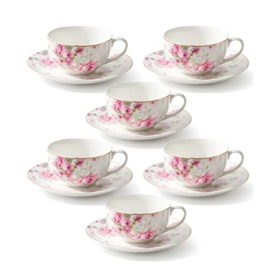 

BTaT- Floral Tea Cups and Saucers, Set of 6, 7 oz, Fine Porcelain Teacup Set with Gold Trim for Afternoon Tea, Weddings, Partie