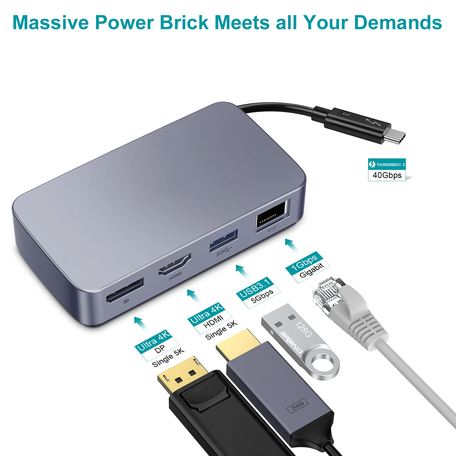 Adaptor HUB HDMI USB C 4K 60Hz, DP, Gigabit Ethernet, USB 3.0, Stasiun Dok Thunderbolt 3/4 untuk Macbook Pro Air /HP/Dell