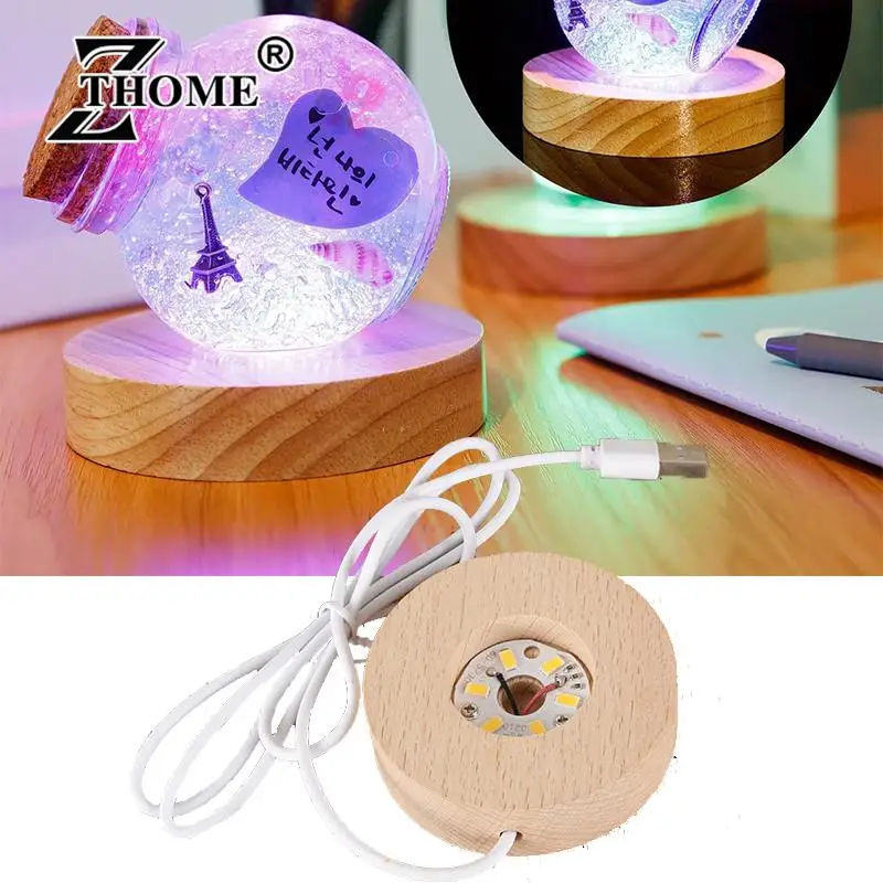 

6CM Wooden LED Light Display Base Crystal Glass Resin Art Ornament Wooden Night Lamp Base LED Light Rotating Display Stand