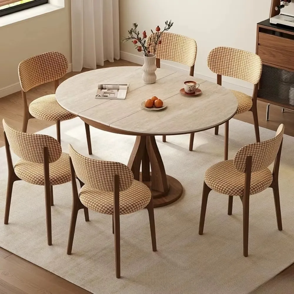 Sintered Stone Solid Wood Extendable Dining Table,Convertible Round to Oval,Multifunctional Folding Table for Small Apartment