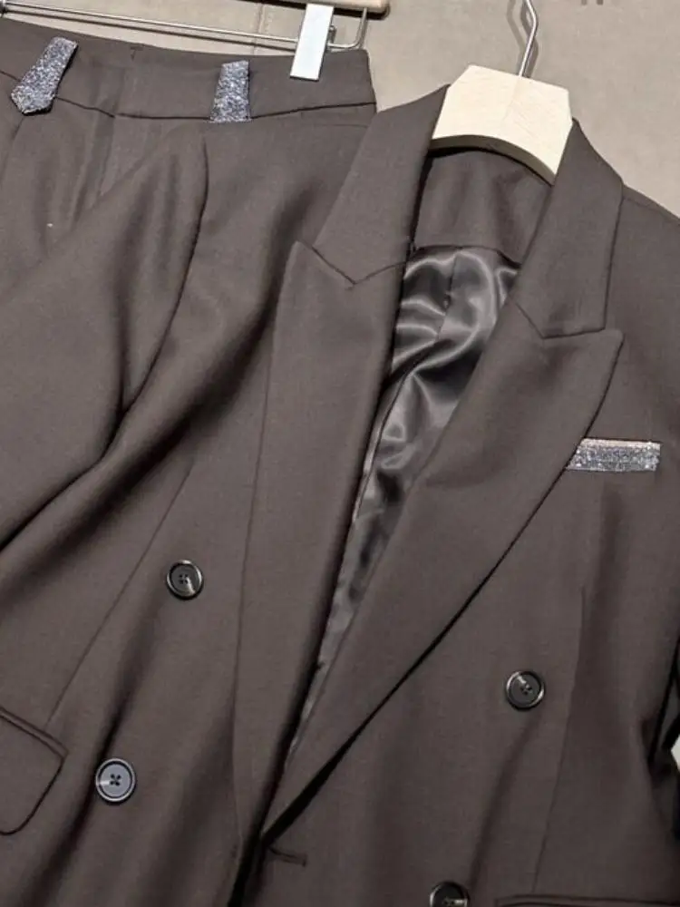 Women Wool Blended Double Breasted Lapel Dark Brown Autumn Winter Commute Suit Two-piece Set