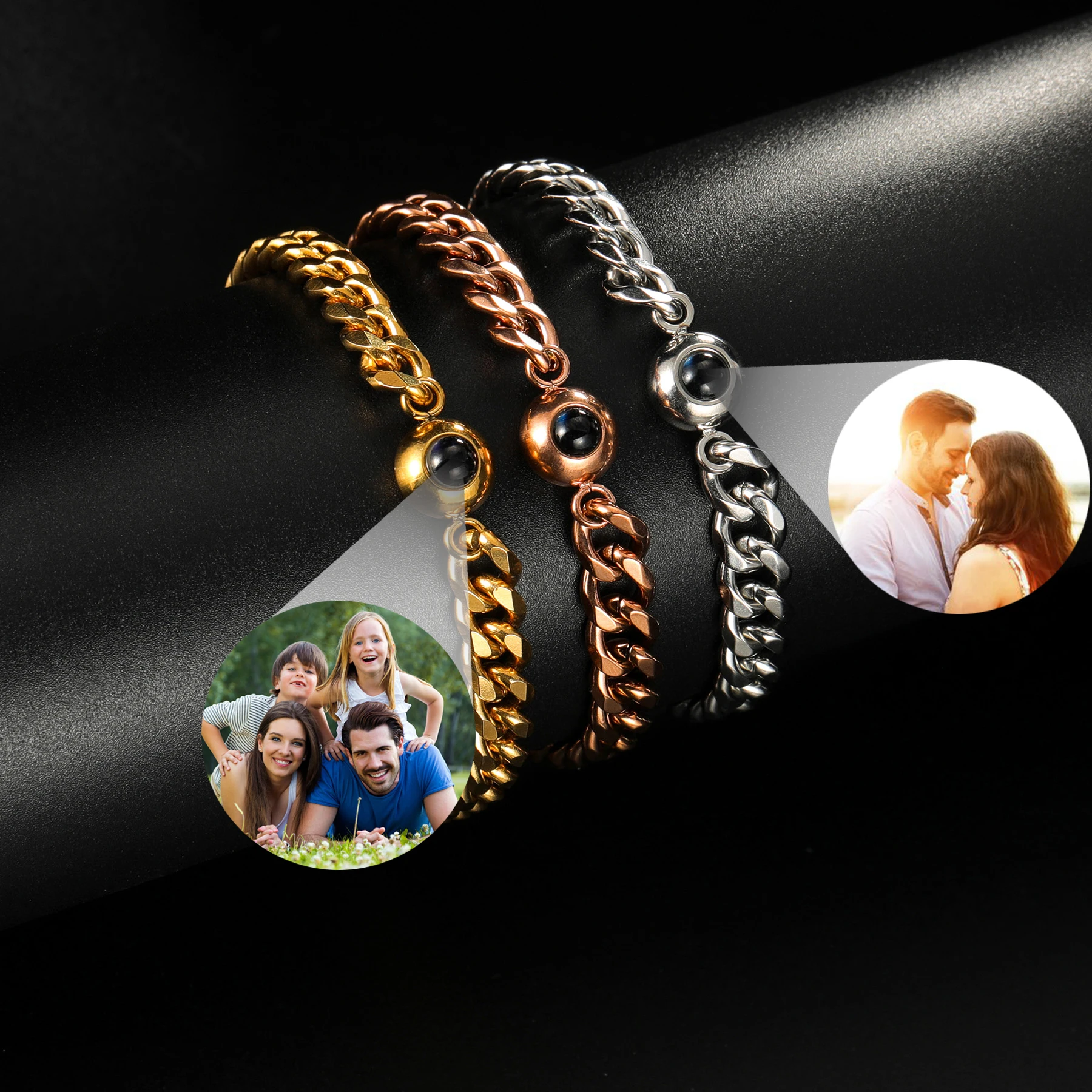 남녀공용 맞춤형 사진 프로젝션 팔찌, 티타늄 스틸 맞춤형 그림, 두꺼운 쿠바 체인, 펑크 팔찌, 크리스마스 선물