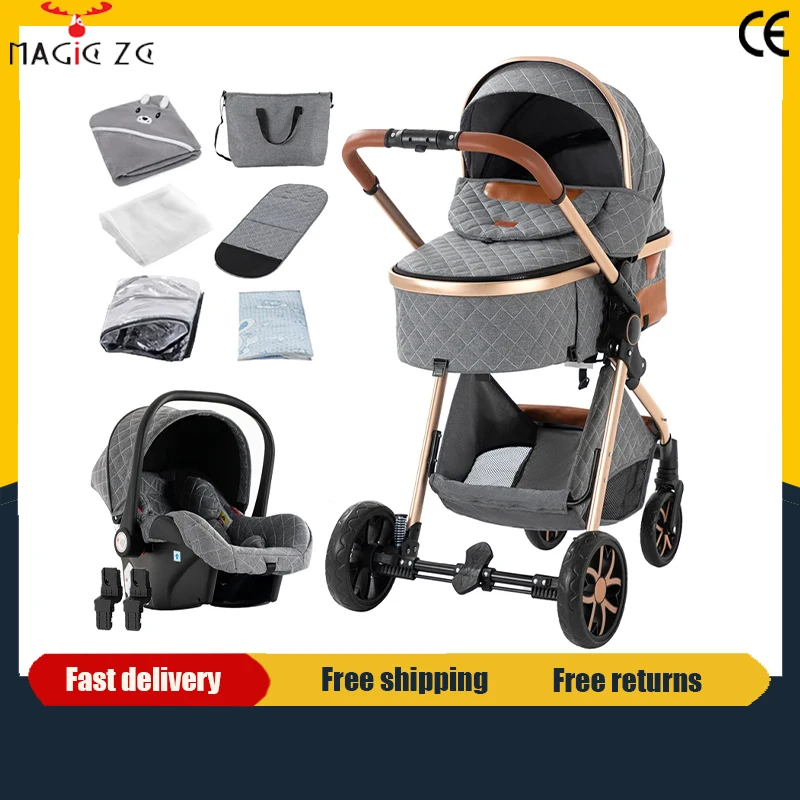 Leichter 3-in-1-Luxus-Kinderwagen mit Autositz und Schlafkorb, leichter Baby-Kinderwagen, hohe Sitzposition, multifunktionaler, verstellbarer Reisebuggy, einfach faltbar, kompakt, tragbar, sicher,