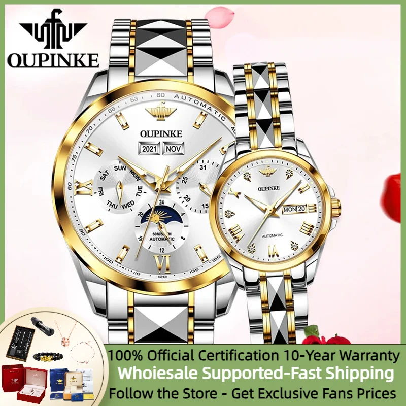 

OLEVS Moon Phase Couple Watches for Men Women Original Mechanical Watch Set Tungsten Steel Waterproof Chronograph Lover's Watch