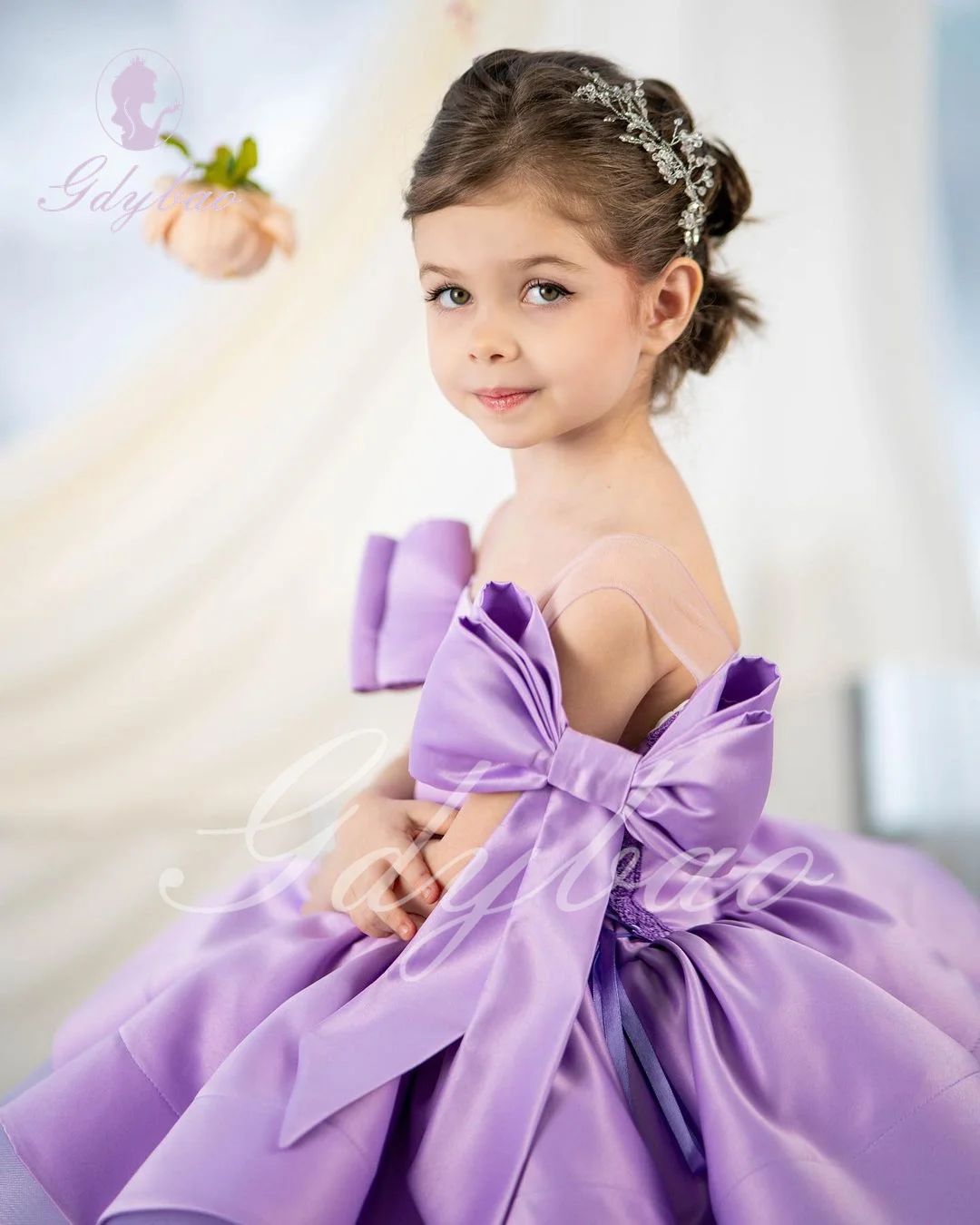 Vestido morado de flores para niña, para boda, satén hinchado, sin mangas, con lazo, princesa, elegante, fiesta infantil, vestido de baile de primera comunión