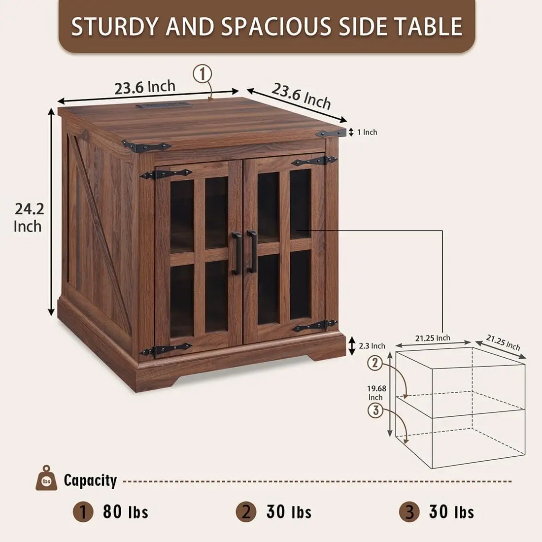 Set 2 Farmhouse End Table with Charging Station & Glass Barn Door | 24