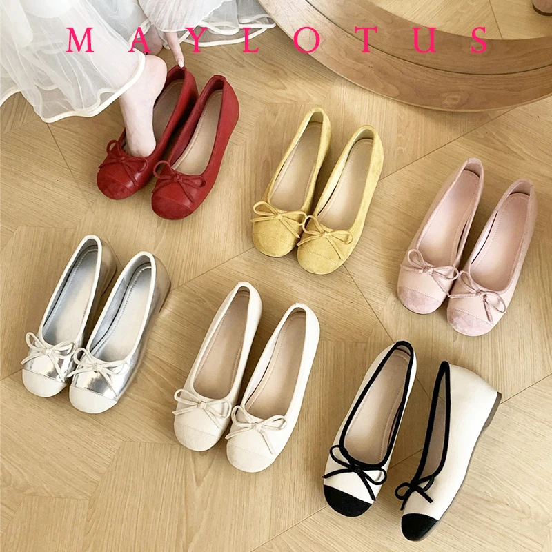 Sepatu Slip On sepatu balerina peningkatan 5cm sepatu Mary Jane sepatu sepatu wanita sol lembut nyaman simpul kupu-kupu dangkal mode