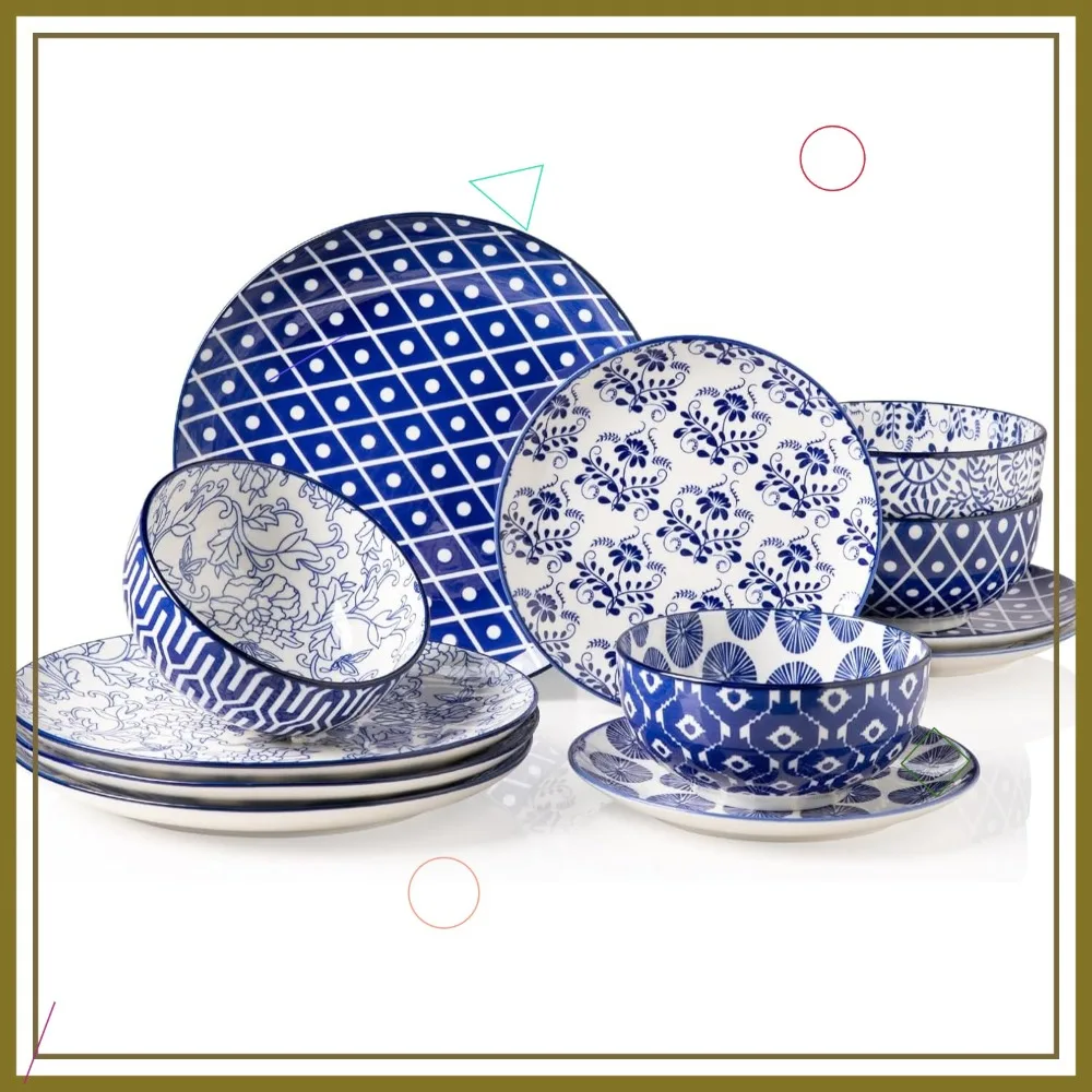 

12-Piece Handmade Ceramic Dinnerware Set for 4, Vintage Blue, Scratch-Resistant & Dishwasher Safe